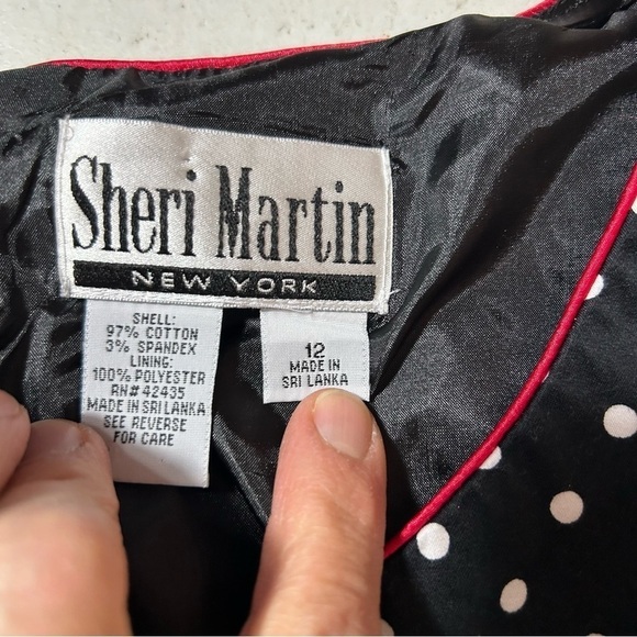 Sheri Martin Womens Sleeveless Dress Black White Polka Dot Red Belt Size 12 - Picture 2 of 3